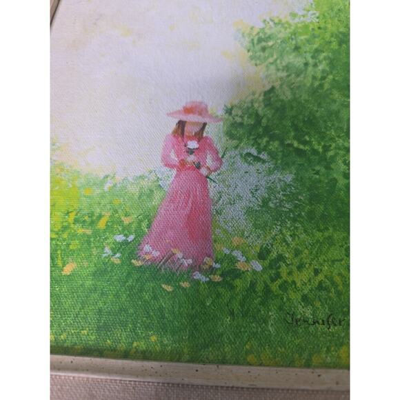 VTG Oil Painting Woman in Pink Dress in Garden Scene Signed Jennifer West 13x15 - Picture 12 of 16